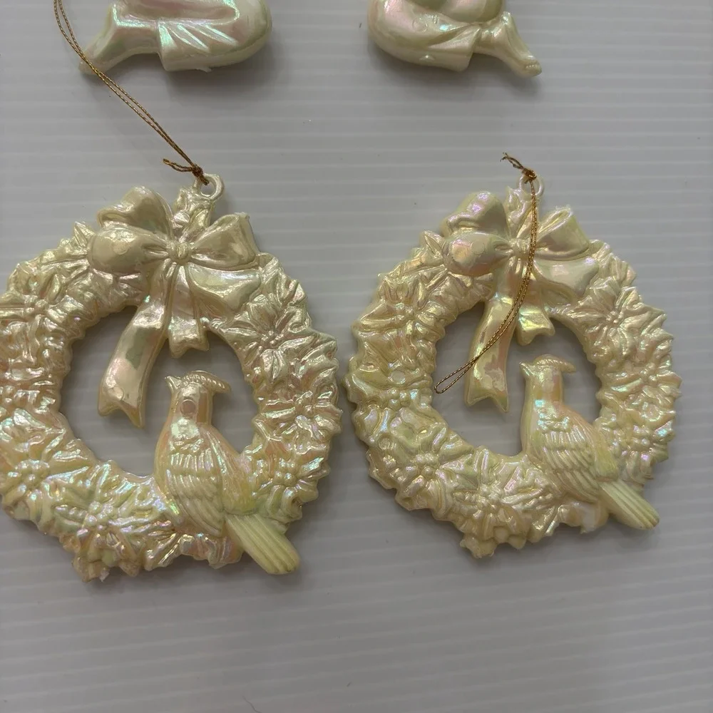 Vintage Iridescent Christmas Ornament Lot Of 7 Angels Wreaths Bells Train